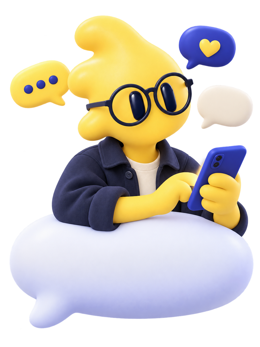 O Forma digita no celular, apoiado num balão de conversa.
